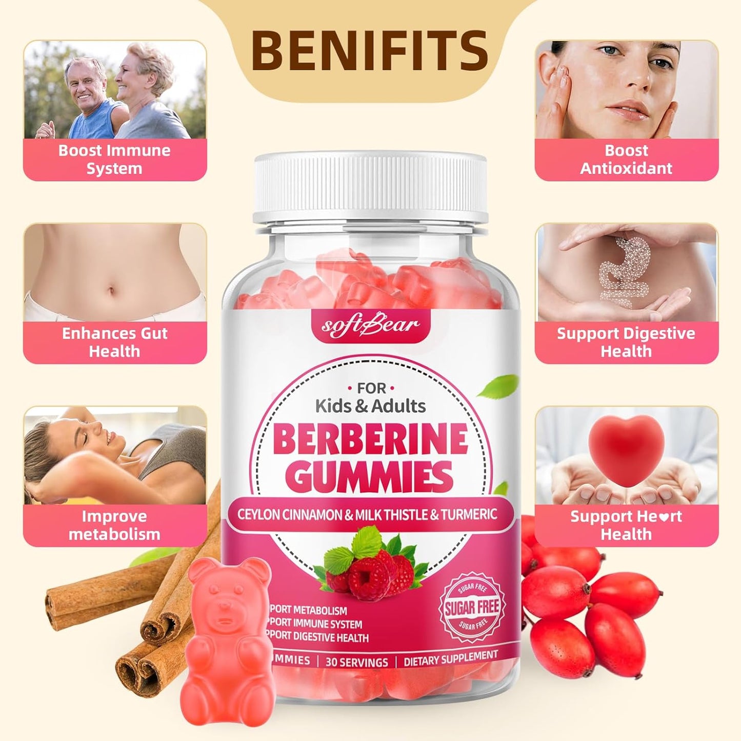 Organic Berberine Gummies with Ceylon Cinnamon and Milk Thistle - 1500mg Immune and Metabolism Support - Raspberry Flavor - 60 Count