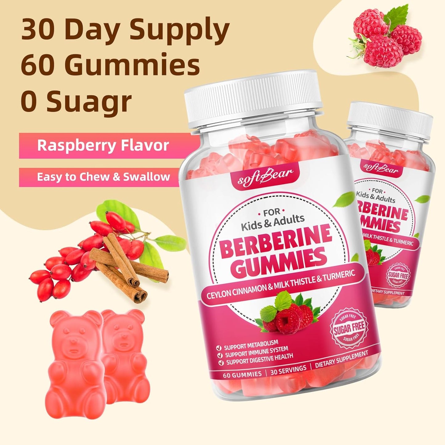 Organic Berberine Gummies with Ceylon Cinnamon and Milk Thistle - 1500mg Immune and Metabolism Support - Raspberry Flavor - 60 Count