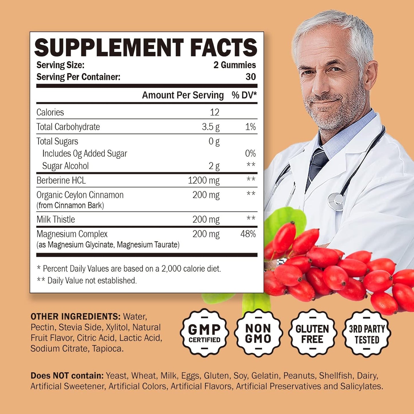 Organic Berberine HCL 1200mg Gummies with Ceylon Cinnamon - Immune System Support for Adults, Sugar-Free & GMO-Free, 60 Gummies