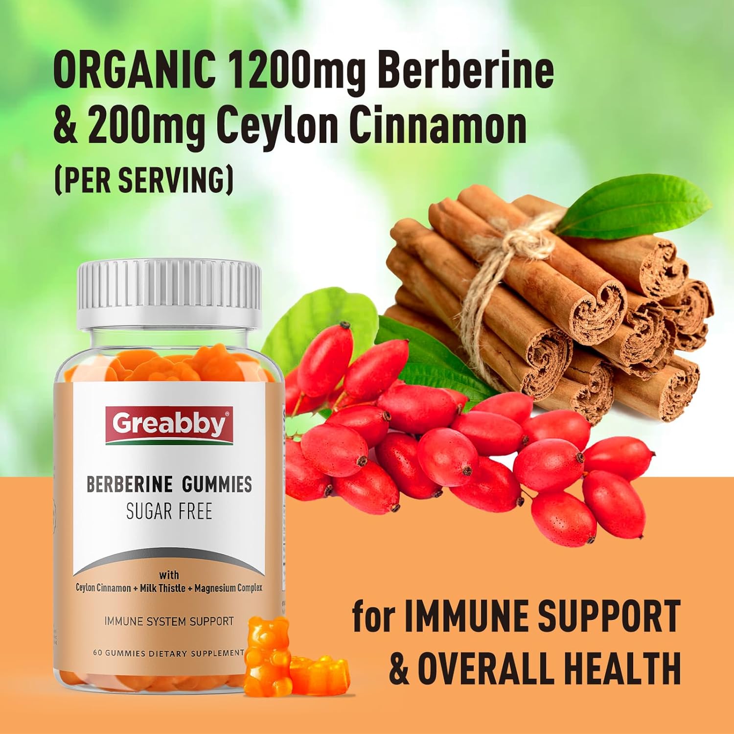 Organic Berberine HCL 1200mg Gummies with Ceylon Cinnamon - Immune System Support for Adults, Sugar-Free & GMO-Free, 60 Gummies