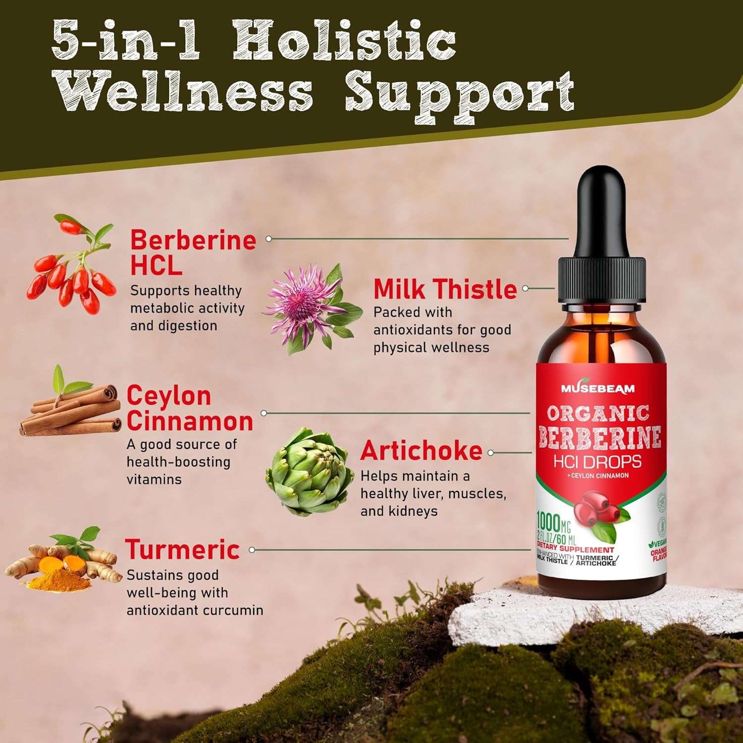 Organic Berberine HCl Liquid Drops with Ceylon Cinnamon Turmeric Milk Thistle Artichoke - High Bioavailability Supplement for Men and Women - Vegan, Sugar Free, Gluten Free - 1000mg - 2fl. oz