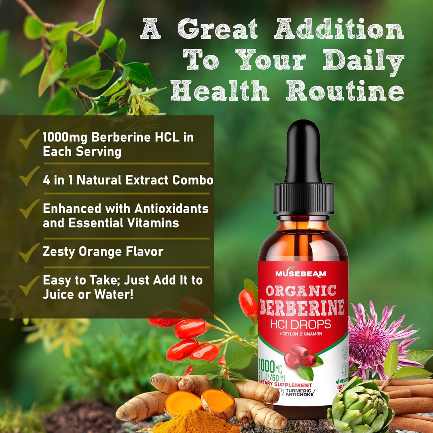 Organic Berberine HCl Liquid Drops with Ceylon Cinnamon Turmeric Milk Thistle Artichoke - High Bioavailability Supplement for Men and Women - Vegan, Sugar Free, Gluten Free - 1000mg - 2fl. oz