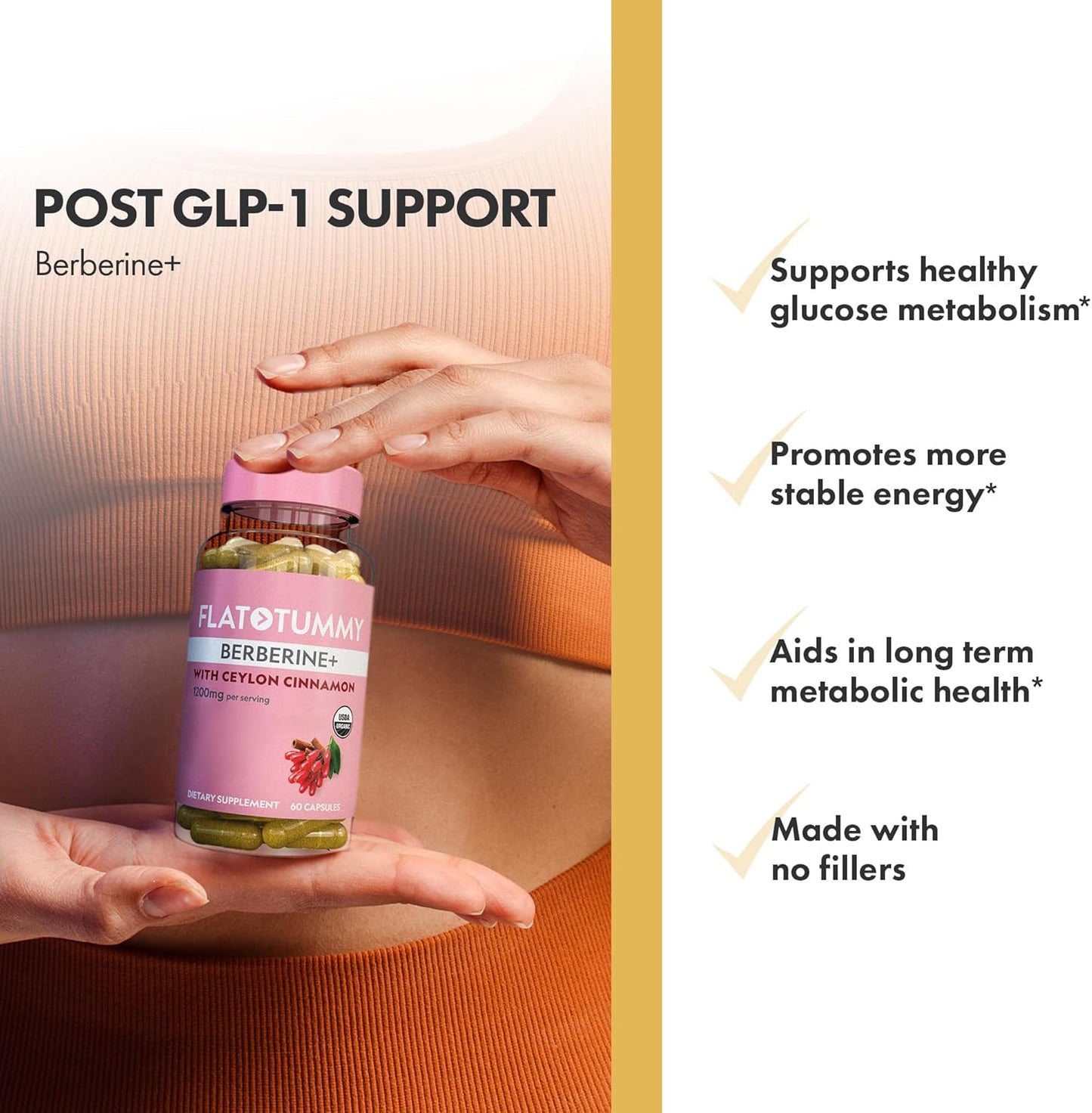 Organic Berberine Plus Supplement with Ceylon Cinnamon - 1200mg Per Serving, Post GLP-1 Support - 60 Capsules