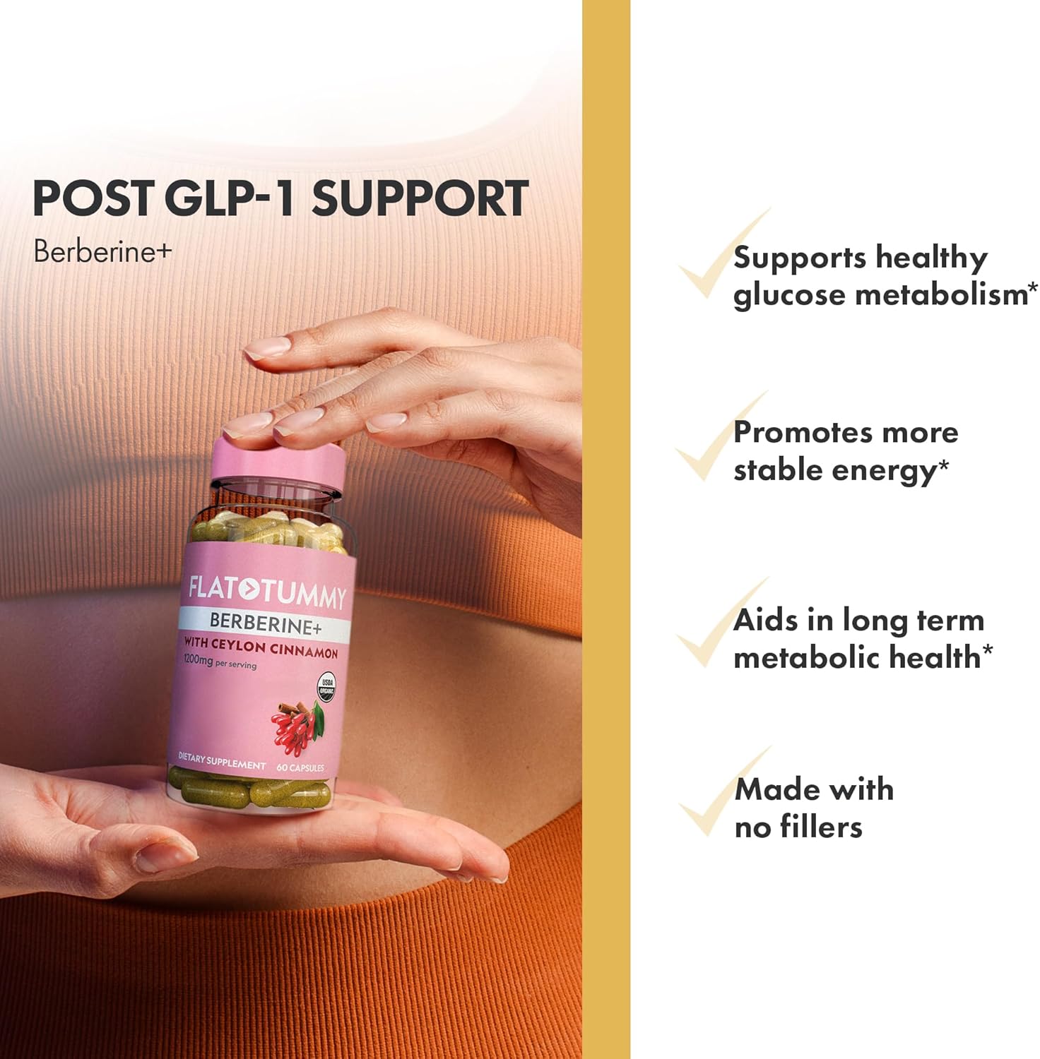 Organic Berberine Plus Supplement with Ceylon Cinnamon - 1200mg Per Serving, Post GLP-1 Support - 60 Capsules