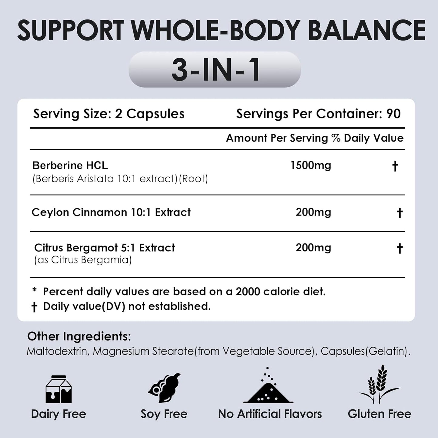 Organic Berberine Supplement with Ceylon Cinnamon & Citrus Bergamot 1500mg | Metabolic & Weight Support | Non-GMO Formula | 180 Capsules, 3-Month Supply