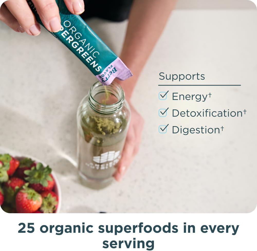Organic Berry Flavored SuperGreens Powder with Probiotics for Digestive Support, Energy Boost - 16 Stick Packs, 4.2oz