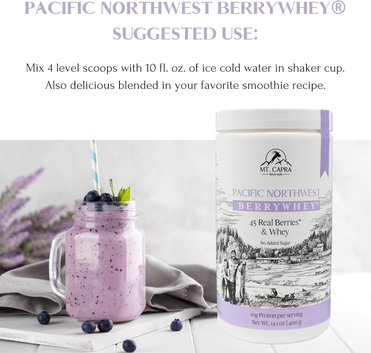 Organic BerryWhey Meal Replacement Shake with Antioxidants - 10 Servings (14.1 oz) - Locally Grown Blueberries, Aronia Berry, Non-GMO Goat Whey Protein