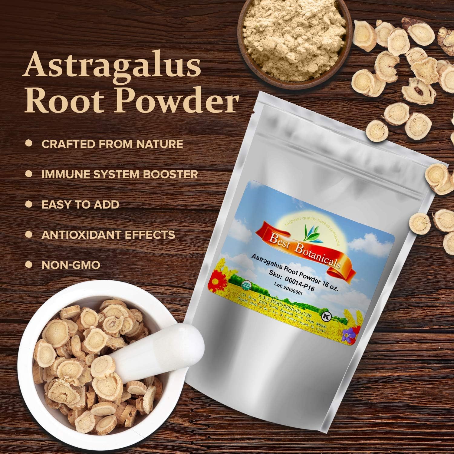 Organic Best Botanicals Astragalus Root Powder - 16 oz. | Pure and Natural Supplement