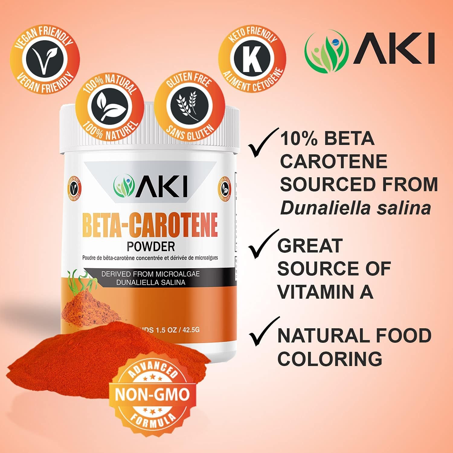 Organic Beta Carotene Powder (1.5oz/42.52g) - High Concentration Vitamin A Source for Skin, Immune System, and Eyes - Non-GMO & Vegan