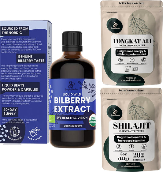 Organic Bilberry Extract for Eyes + Raw Shilajit & Tongkat Ali Powders - Eye Health & Wellness Bundle