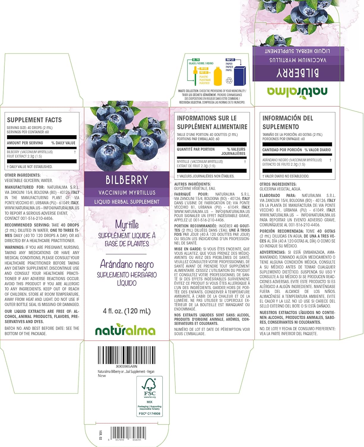 Organic Bilberry Fruit Alcohol-Free Tincture - 4 fl oz Liquid Extract Drops - Herbal Supplement - Vegan Friendly