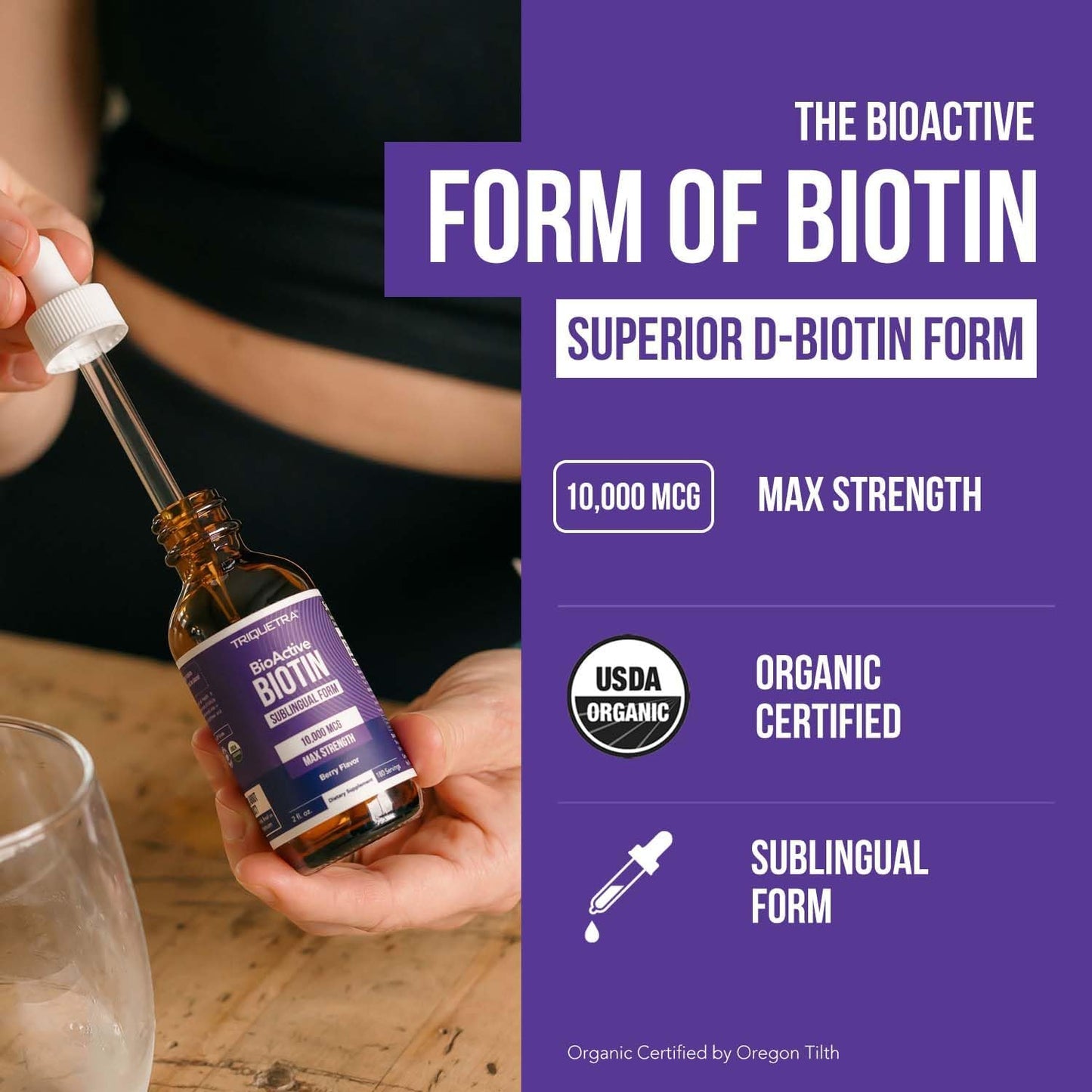 Organic Biotin 10000mcg Liquid Supplement for Hair Growth - Berry Flavor - 180 Servings - Enhanced Absorption - USP Grade - Women's Hair Skin & Nails Vitamins
