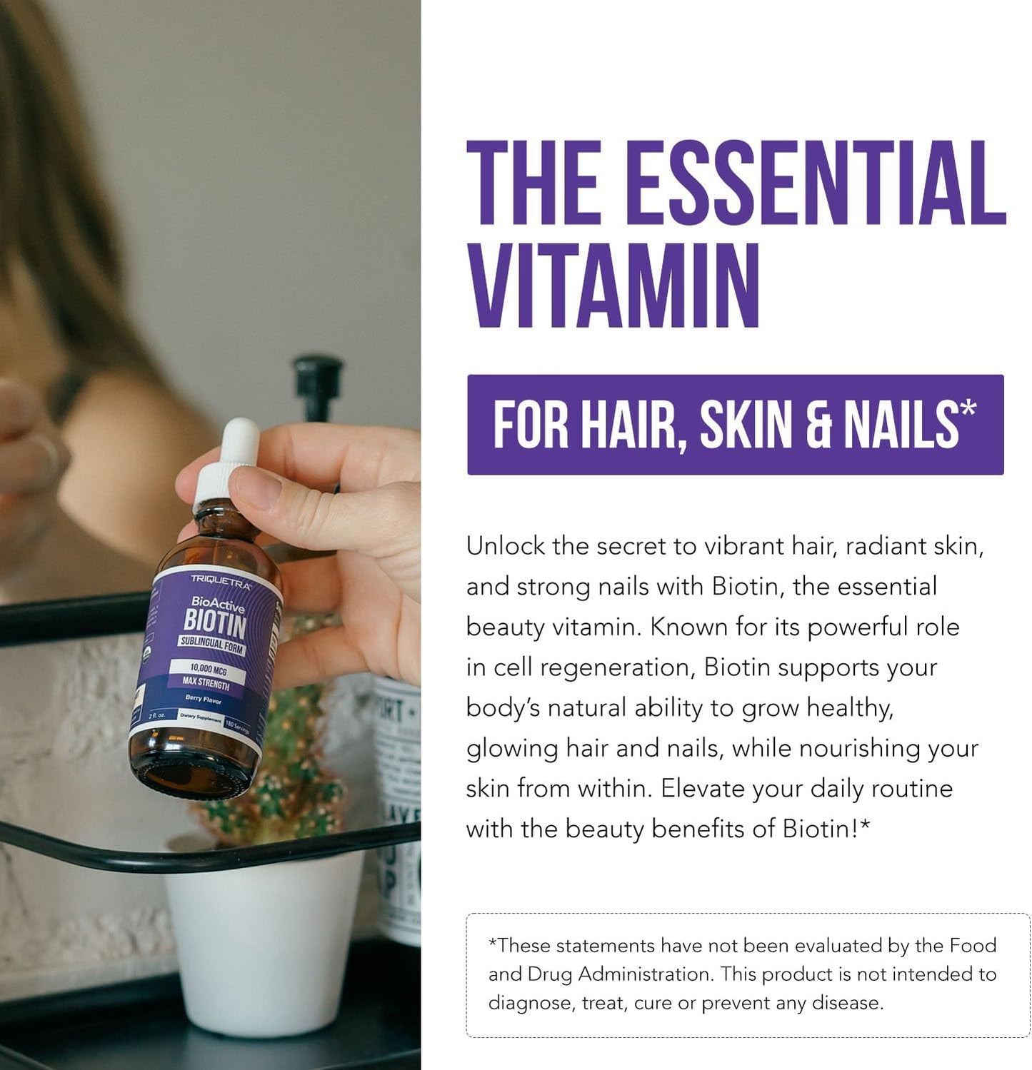 Organic Biotin 10000mcg Liquid Supplement for Hair Growth - Berry Flavor - 180 Servings - Enhanced Absorption - USP Grade - Women's Hair Skin & Nails Vitamins