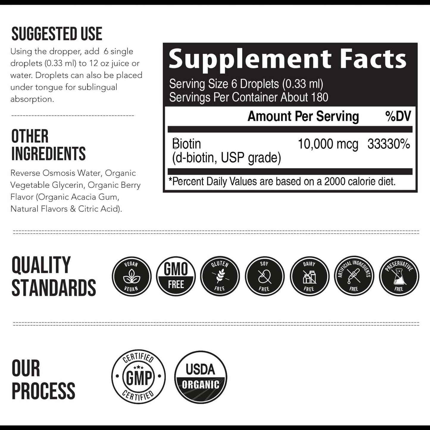 Organic Biotin 10000mcg Liquid Supplement for Hair Growth - Berry Flavor - 180 Servings - Enhanced Absorption - USP Grade - Women's Hair Skin & Nails Vitamins
