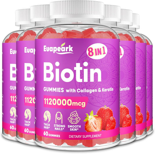 Organic Biotin Gummies for Hair, Skin, and Nails - 8 in 1 Formula with Collagen, Keratin, Folic Acid, and Vitamins - Max Strength Supplement for Women and Men - Sugar-Free - 6 Pack