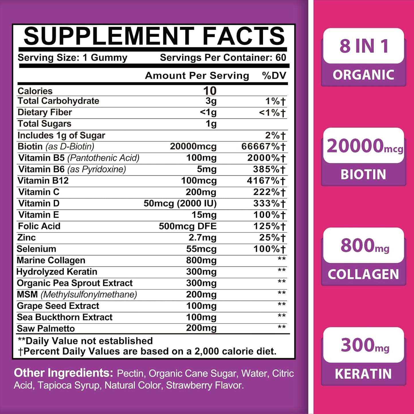 Organic Biotin Gummies for Hair, Skin, and Nails - 8 in 1 Formula with Collagen, Keratin, Folic Acid, and Vitamins - Max Strength Supplement for Women and Men - Sugar-Free - 6 Pack