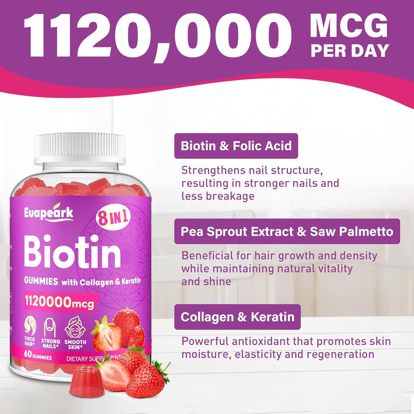 Organic Biotin Gummies for Hair, Skin, and Nails - 8 in 1 Formula with Collagen, Keratin, Folic Acid, and Vitamins - Max Strength Supplement for Women and Men - Sugar-Free - 6 Pack