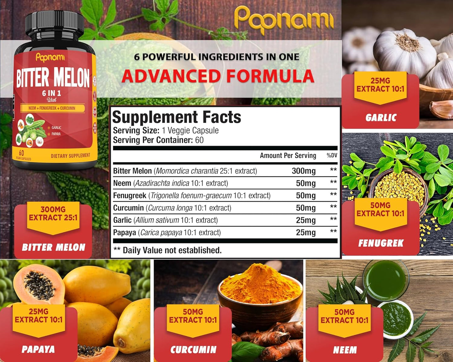 Organic Bitter Melon Extract Capsules with Neem, Fenugreek, Curcumin, Garlic & Papaya - 60 Pills, 2 Month Supply