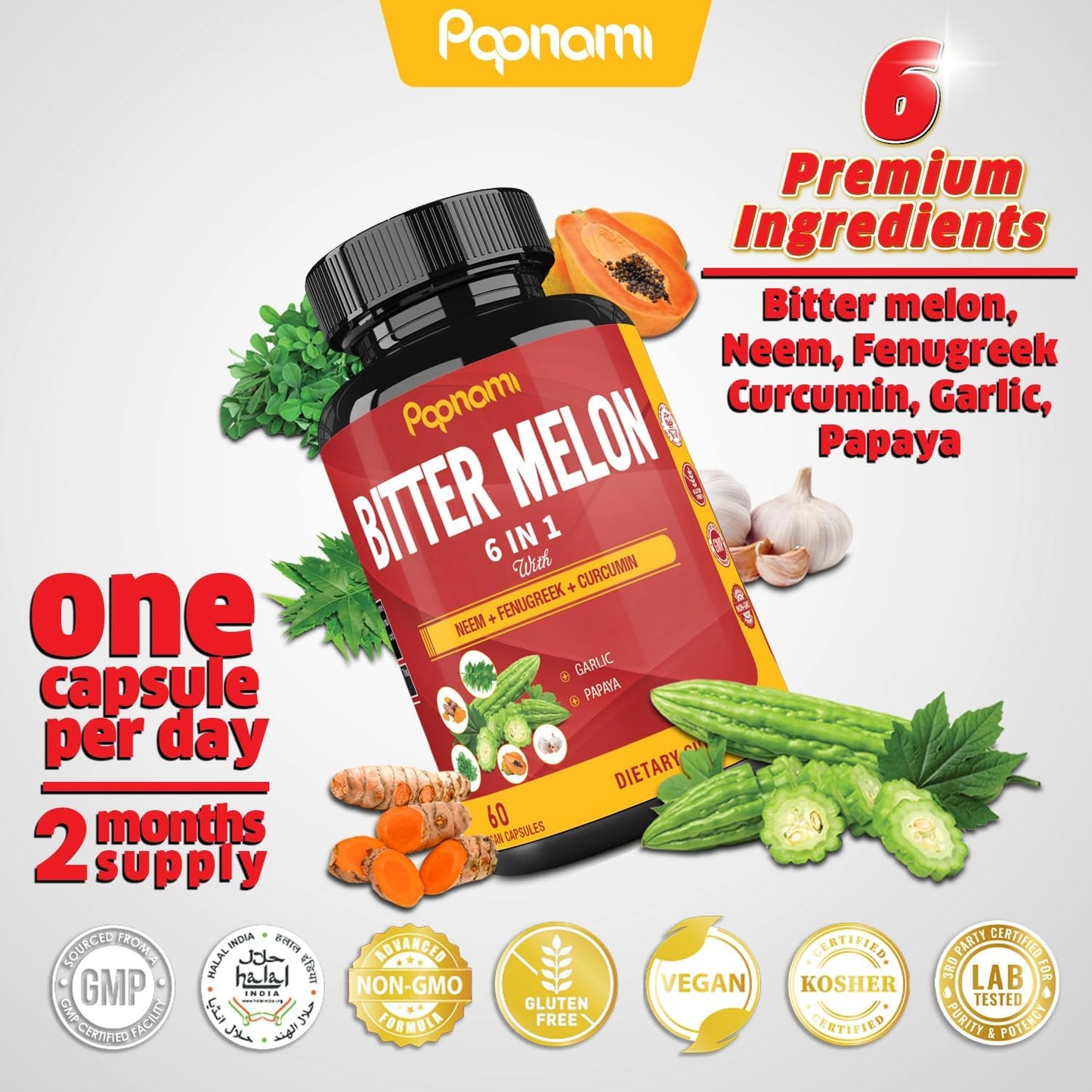 Organic Bitter Melon Extract Capsules with Neem, Fenugreek, Curcumin, Garlic & Papaya - 60 Pills, 2 Month Supply