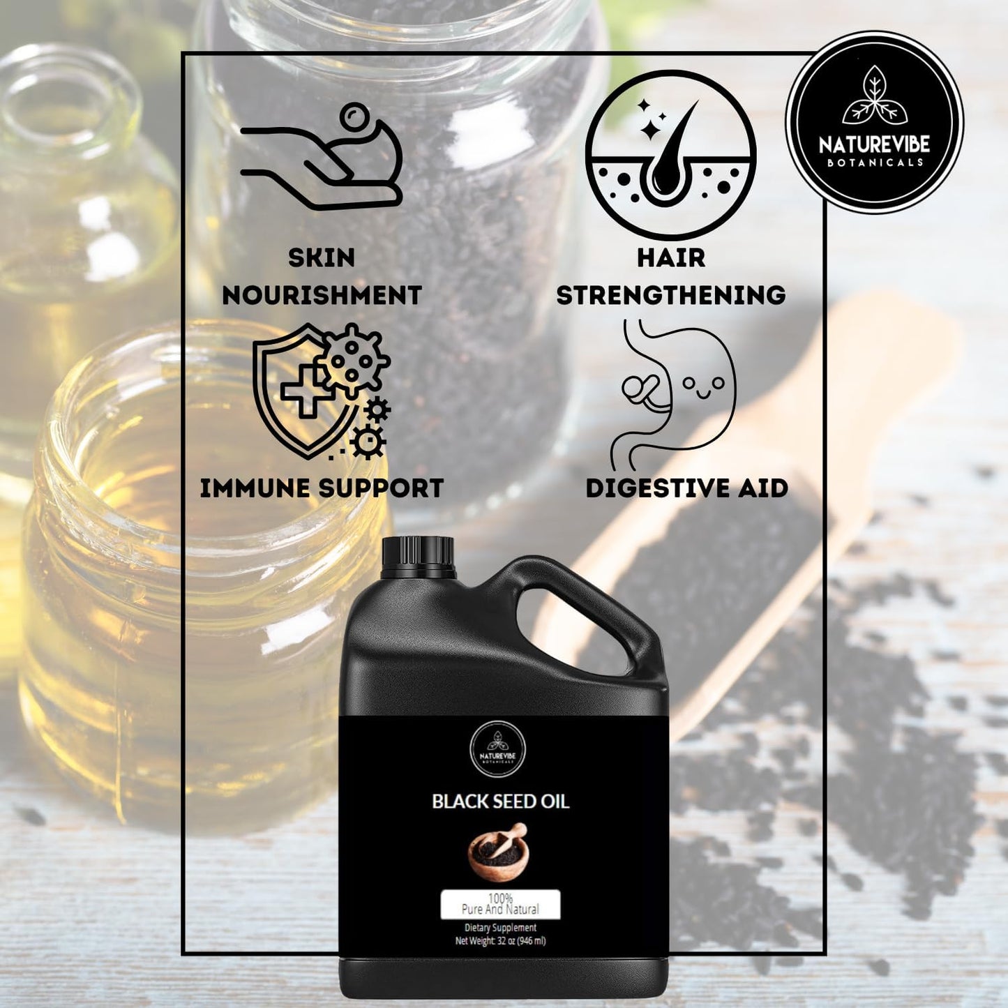Organic Black Cumin Seed Oil 32oz - Pure Kalonji Oil for Immune Support - Cold Pressed Nigella Sativa with Omega 3 6 9 - Unrefined Digestive Aid - High Thymoquinone Content