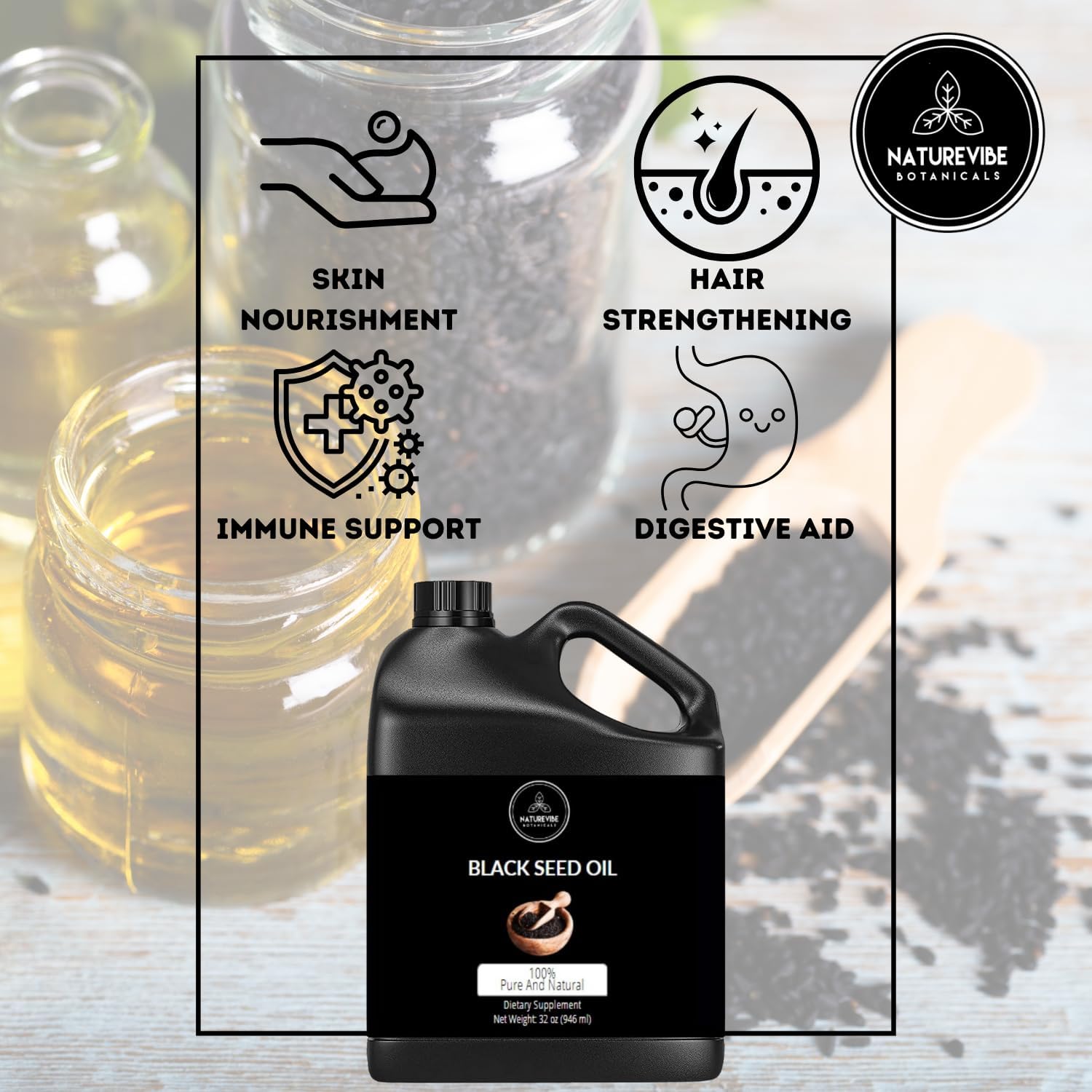 Organic Black Cumin Seed Oil 32oz - Pure Kalonji Oil for Immune Support - Cold Pressed Nigella Sativa with Omega 3 6 9 - Unrefined Digestive Aid - High Thymoquinone Content