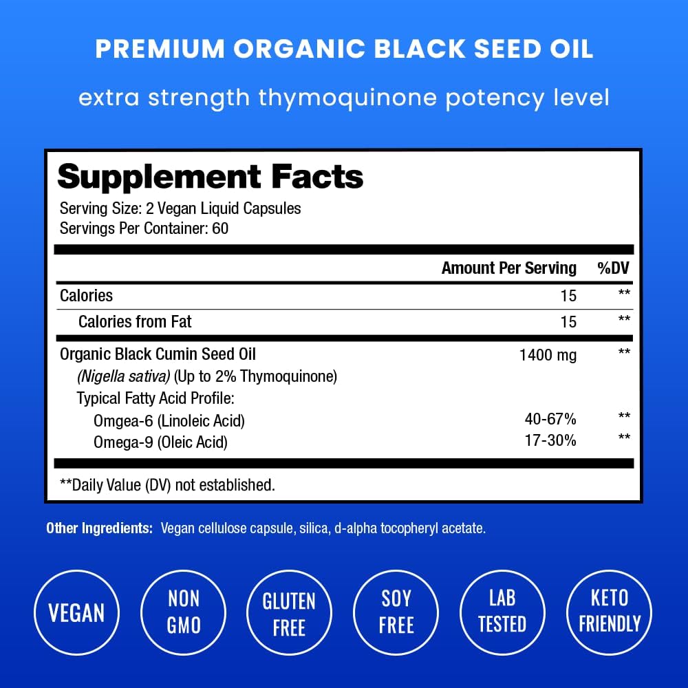 Organic Black Cumin Seed Oil Capsules - 120 Vegan Softgels, 1400mg Per Serving, Cold Pressed Nigella Sativa Pills with Thymoquinone & Vitamin E - Omega 3 6 9 Rich