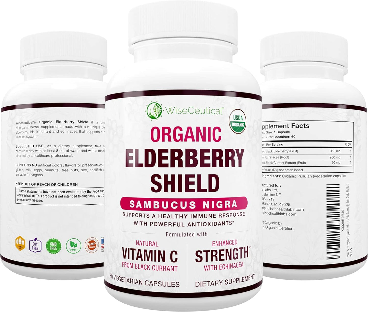 Organic Black Elderberry, Black Currant, and Echinacea Immune Support Capsules - 60 Count | Vegan, Sugar-Free with Vitamin C | Homeopathic Remedy