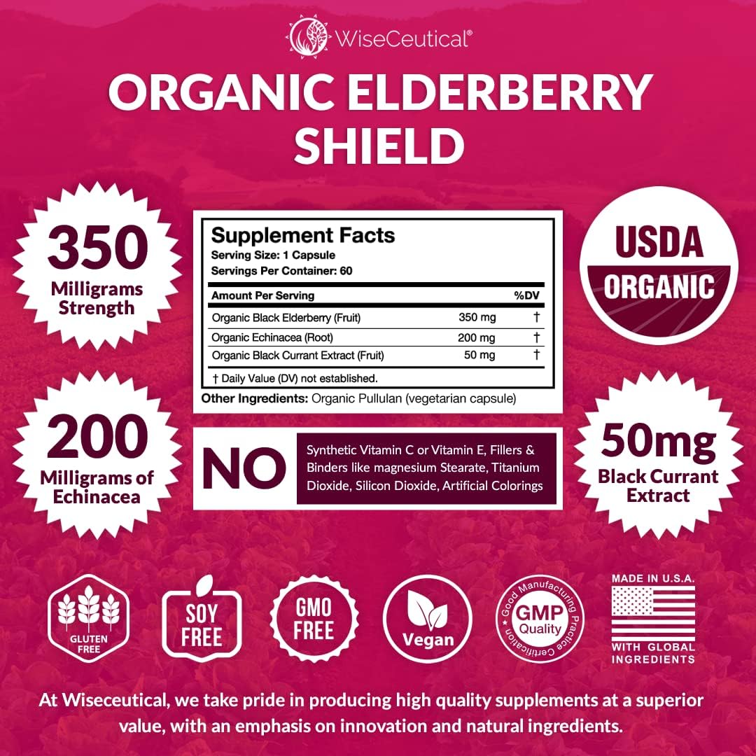 Organic Black Elderberry, Black Currant, and Echinacea Immune Support Capsules - 60 Count | Vegan, Sugar-Free with Vitamin C | Homeopathic Remedy