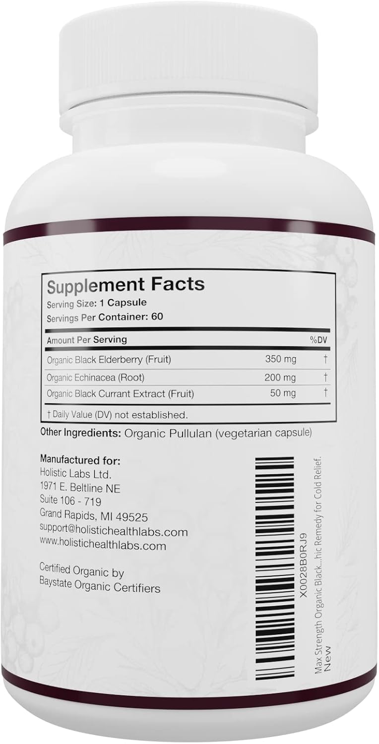 Organic Black Elderberry, Black Currant, and Echinacea Immune Support Capsules - 60 Count | Vegan, Sugar-Free with Vitamin C | Homeopathic Remedy