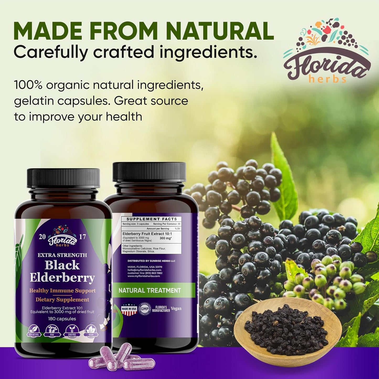 Organic Black Elderberry Capsules | 180 Count | Non-GMO Sambucus Nigra Supplement from Florida Herbs