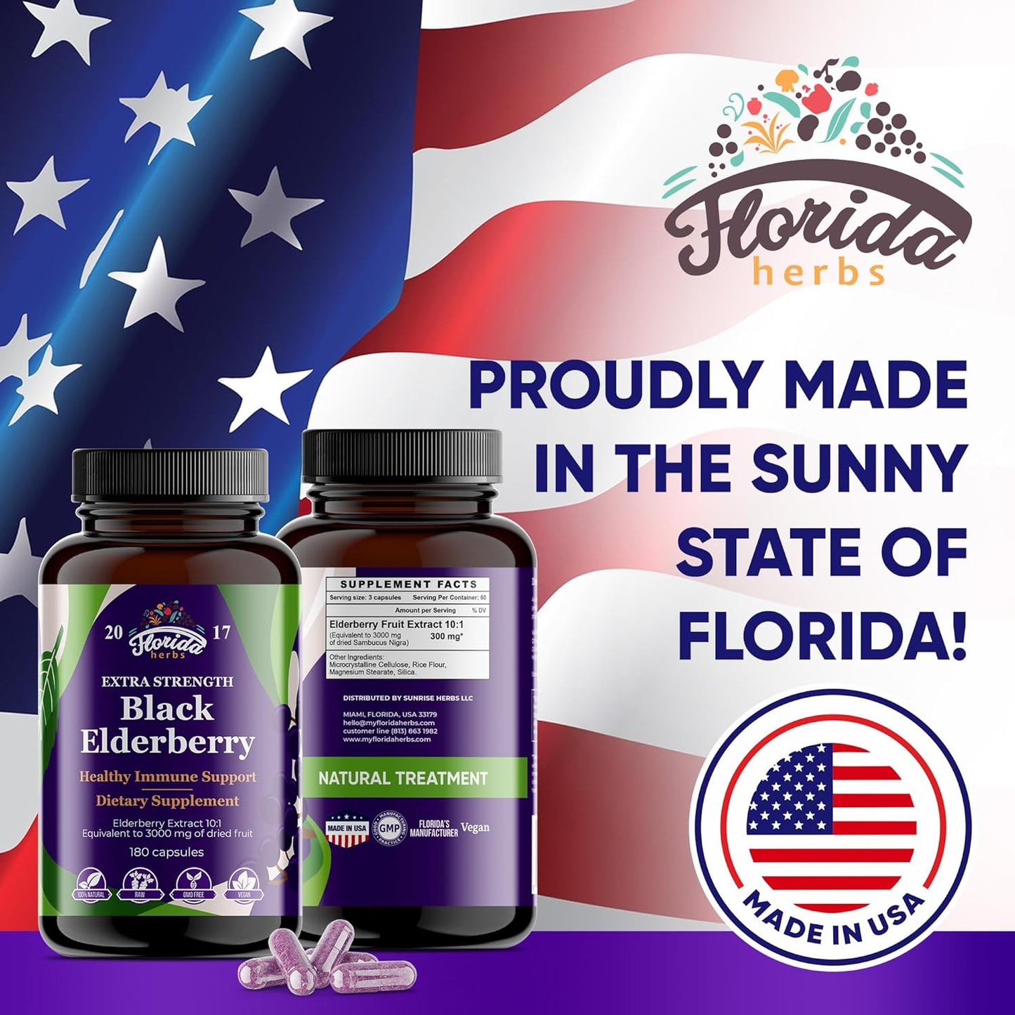 Organic Black Elderberry Capsules | 180 Count | Non-GMO Sambucus Nigra Supplement from Florida Herbs