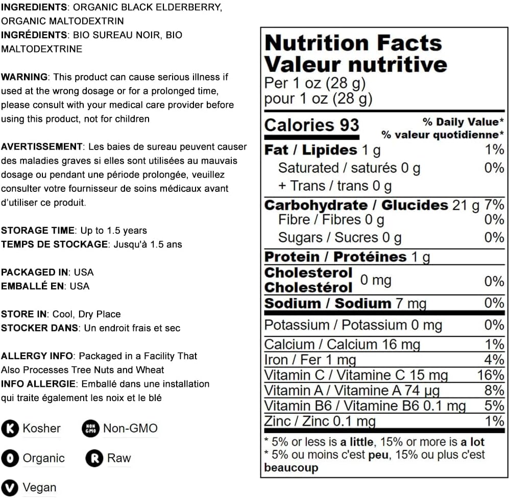 Organic Black Elderberry Powder 12oz - Non-GMO, Vegan, Unsulfured, Bulk, Ideal for Baking & Smoothies