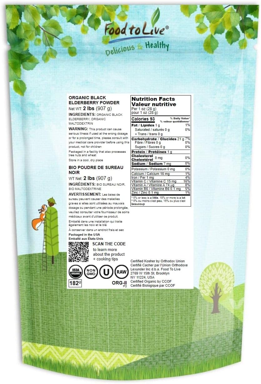 Organic Black Elderberry Powder 2 lbs - Non-GMO, Raw Dried Berries, Vegan, Unsulfured, Bulk - Ideal for Baking, Smoothies, Yogurts - No Sulphites, Maltodextrin-Free