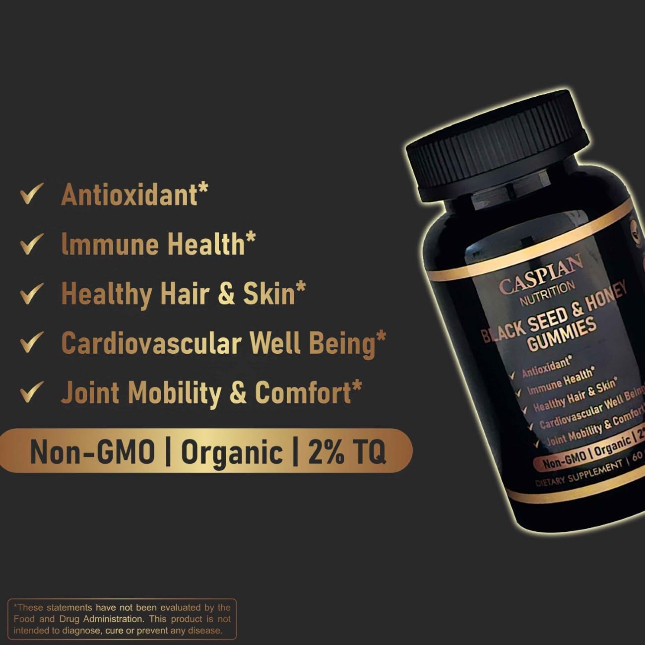 Organic Black Seed & Honey Gummies with 2% Thymoquinone - 60 Count - Non-GMO Formula by Caspian Nutrition
