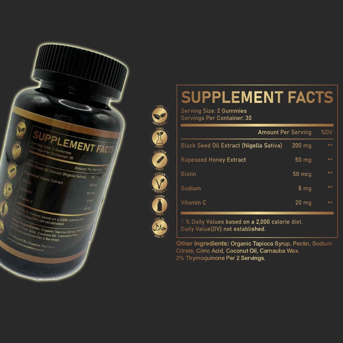 Organic Black Seed & Honey Gummies with 2% Thymoquinone - 60 Count - Non-GMO Formula by Caspian Nutrition