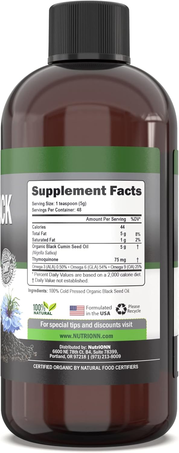 Organic Black Seed Oil - USDA Certified, High Thymoquinone, Non-GMO, Cold-Pressed, Rich in Omega-6 & Omega-9 - 8 Oz Bottle - BoostGo Australia