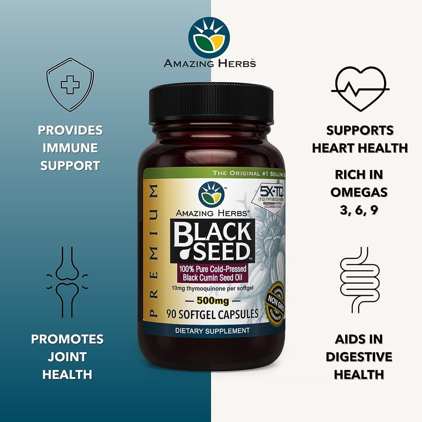 Organic Black Seed Oil Capsules - Cold Pressed Nigella Sativa for Immune Support, Digestive Health, Brain Function - 90 Count x 2, 500mg - Gluten Free, Non GMO