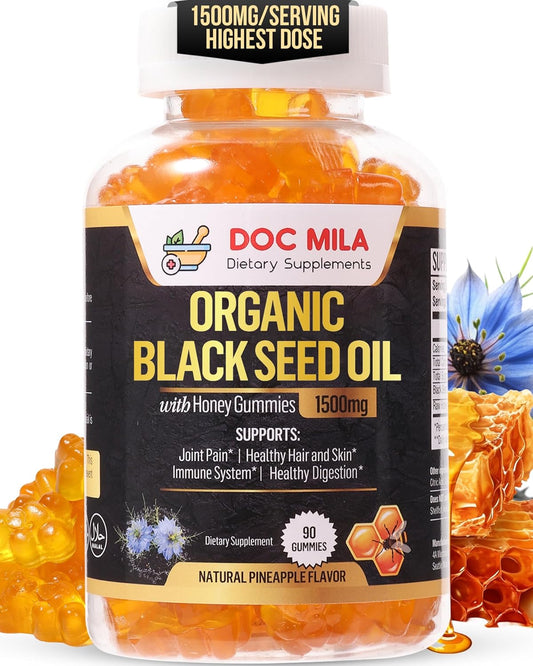 Organic Black Seed Oil Gummies 1500mg with Honey and Pineapple Flavor - Gluten Free, Soy Free, Non-GMO Softgel Capsules by Doc Mila