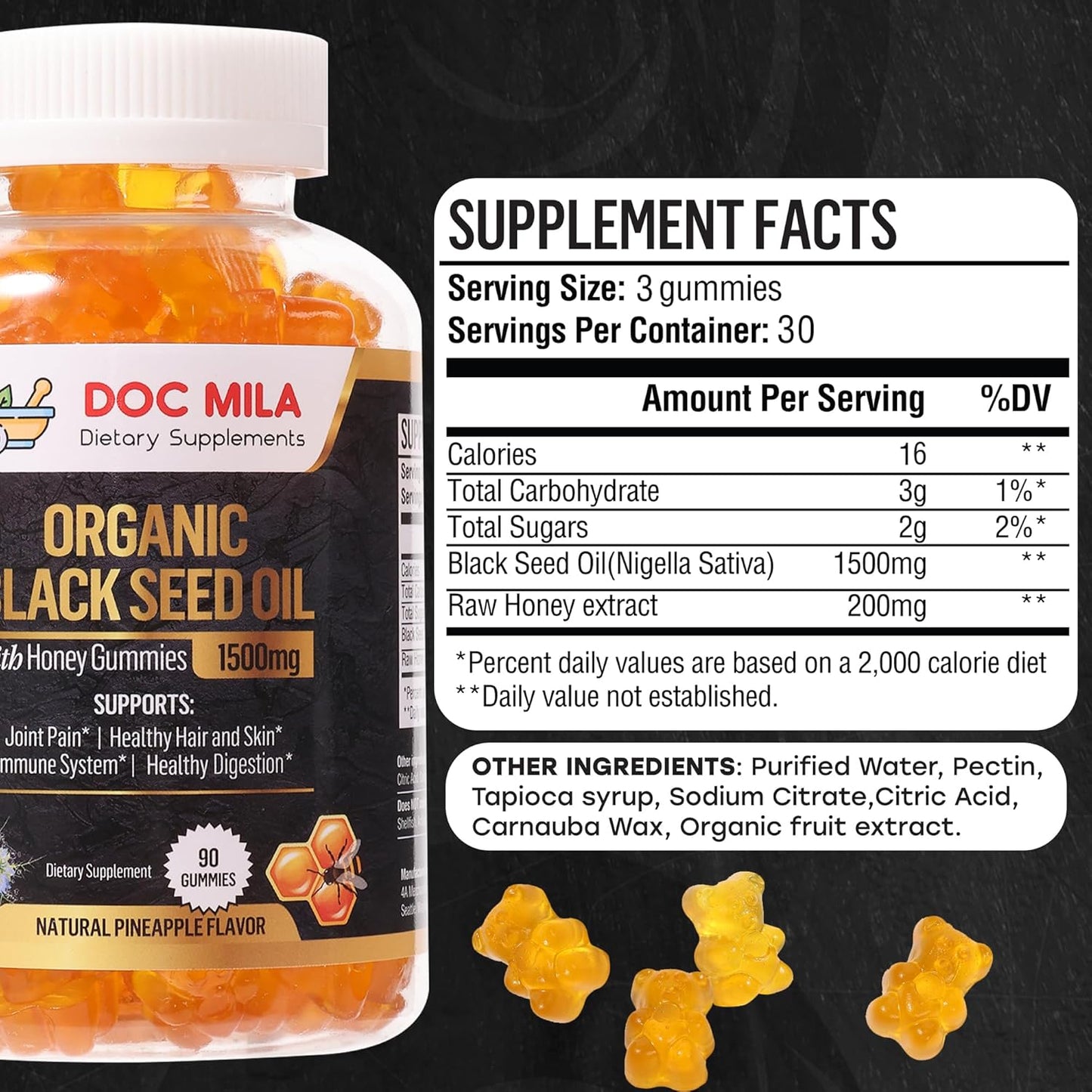 Organic Black Seed Oil Gummies 1500mg with Honey and Pineapple Flavor - Gluten Free, Soy Free, Non-GMO Softgel Capsules by Doc Mila