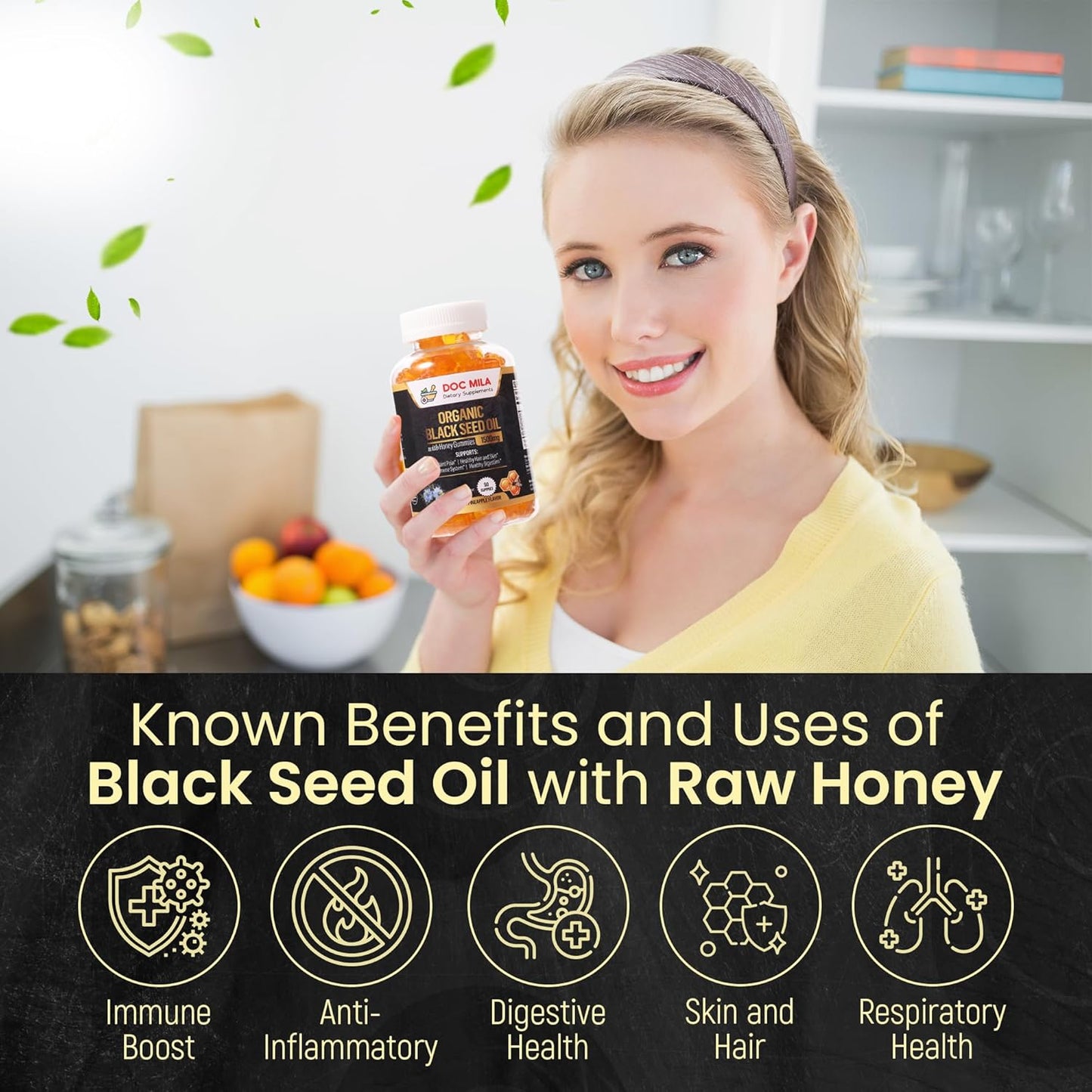 Organic Black Seed Oil Gummies 1500mg with Honey and Pineapple Flavor - Gluten Free, Soy Free, Non-GMO Softgel Capsules by Doc Mila