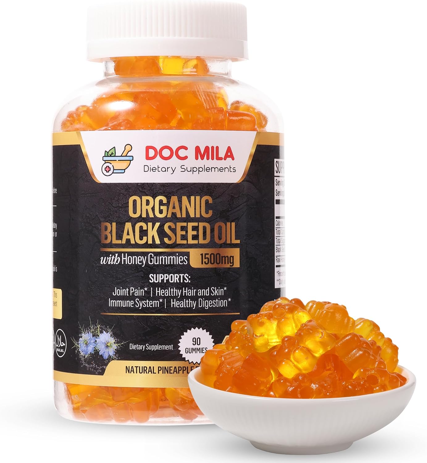 Organic Black Seed Oil Gummies 1500mg with Honey and Pineapple Flavor - Gluten Free, Soy Free, Non-GMO Softgel Capsules by Doc Mila