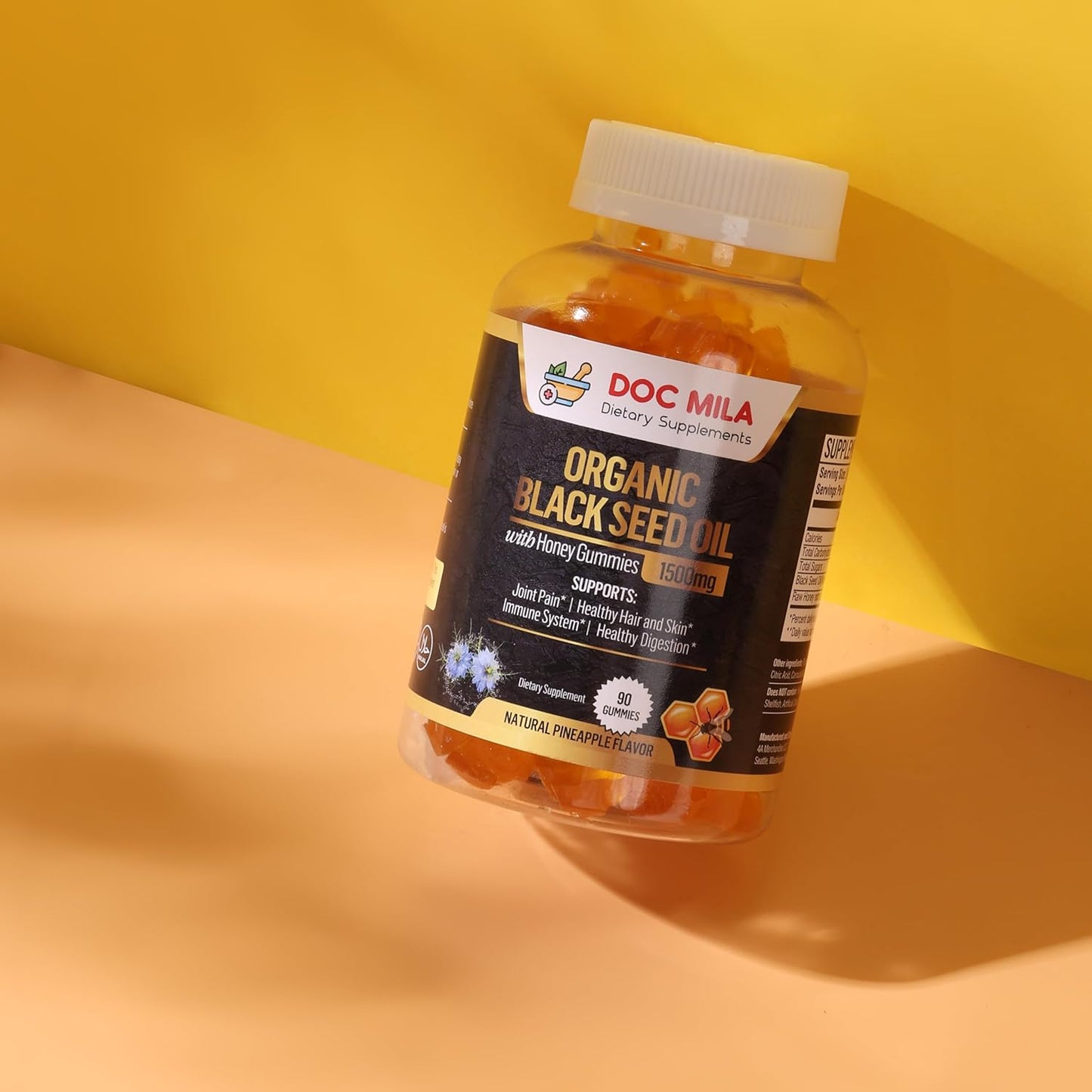 Organic Black Seed Oil Gummies 1500mg with Honey and Pineapple Flavor - Gluten Free, Soy Free, Non-GMO Softgel Capsules by Doc Mila