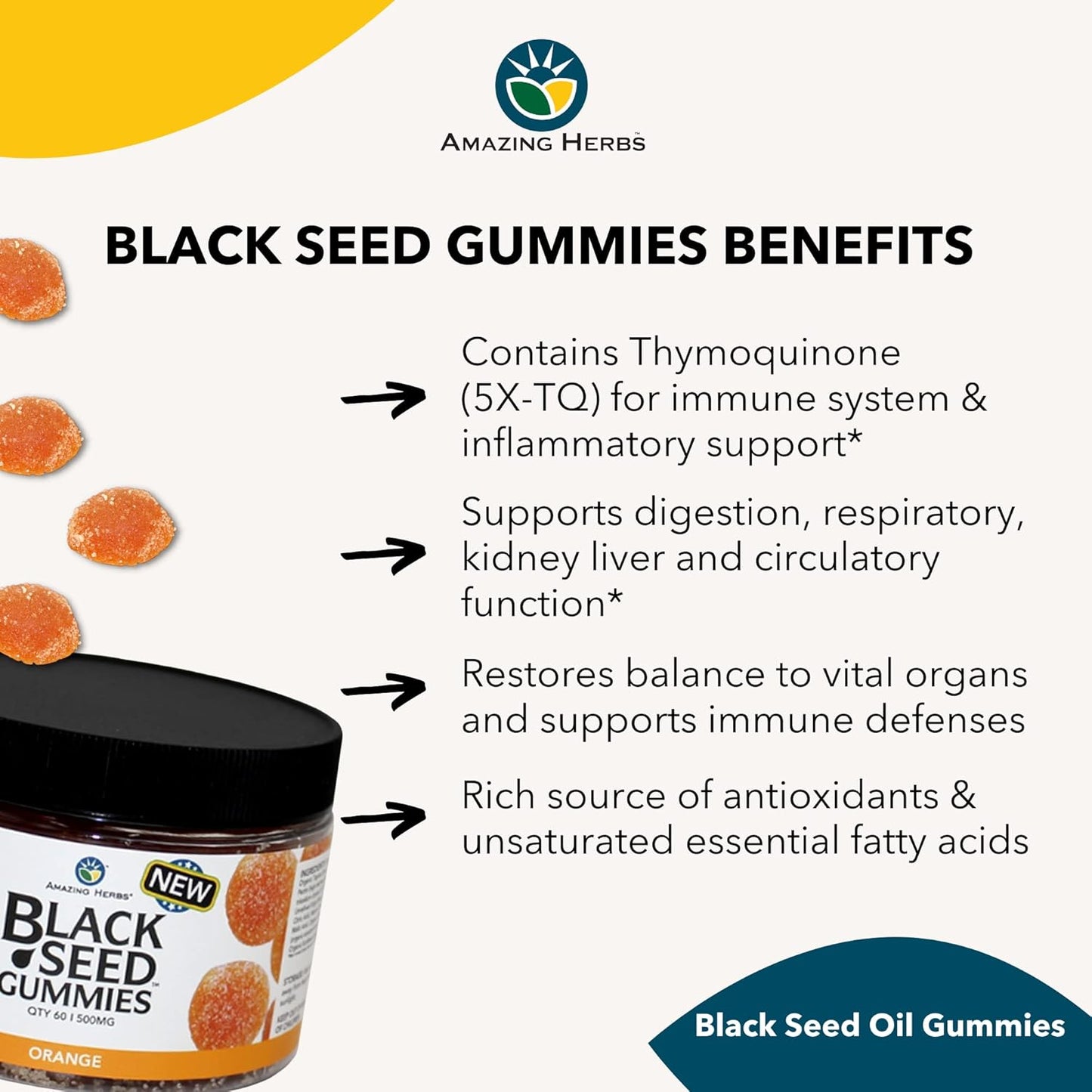 Organic Black Seed Oil Gummies 500mg - Cold Pressed Black Cumin Seed, Nigella Sativa, Immunity & Digestion Support - Orange Flavor 60ct