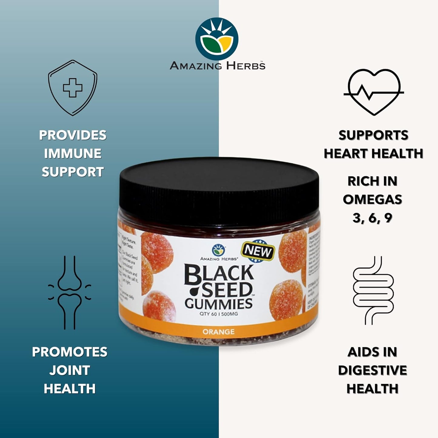 Organic Black Seed Oil Gummies 500mg - Cold Pressed Black Cumin Seed, Nigella Sativa, Immunity & Digestion Support - Orange Flavor 60ct