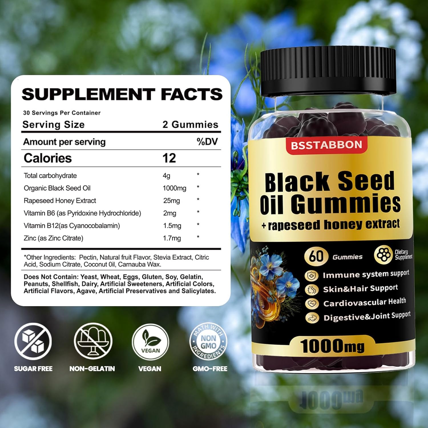 Organic Black Seed Oil Gummies with Rapeseed Honey Extract and Vitamins - Immune System Support - 60 Count