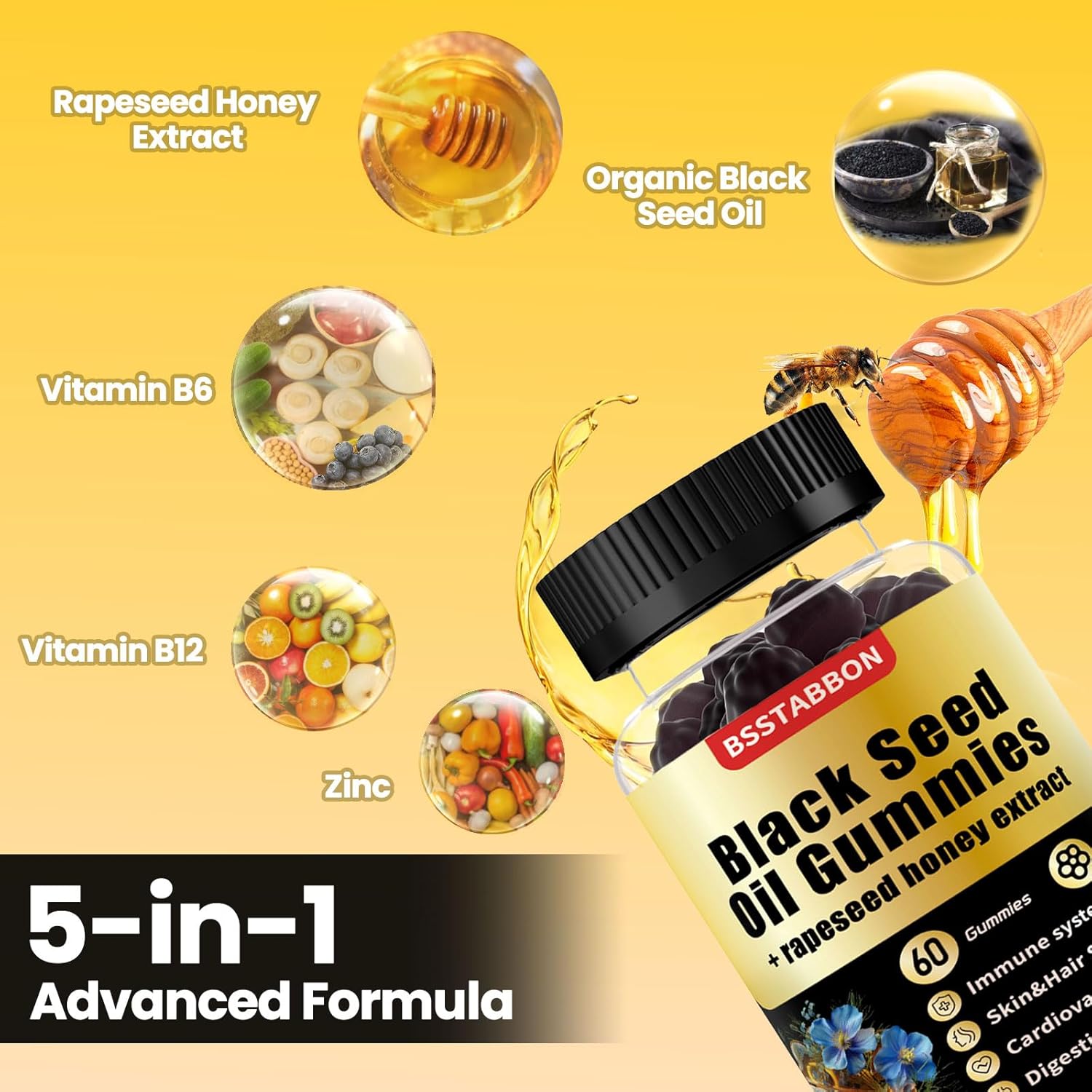 Organic Black Seed Oil Gummies with Rapeseed Honey Extract and Vitamins - Immune System Support - 60 Count