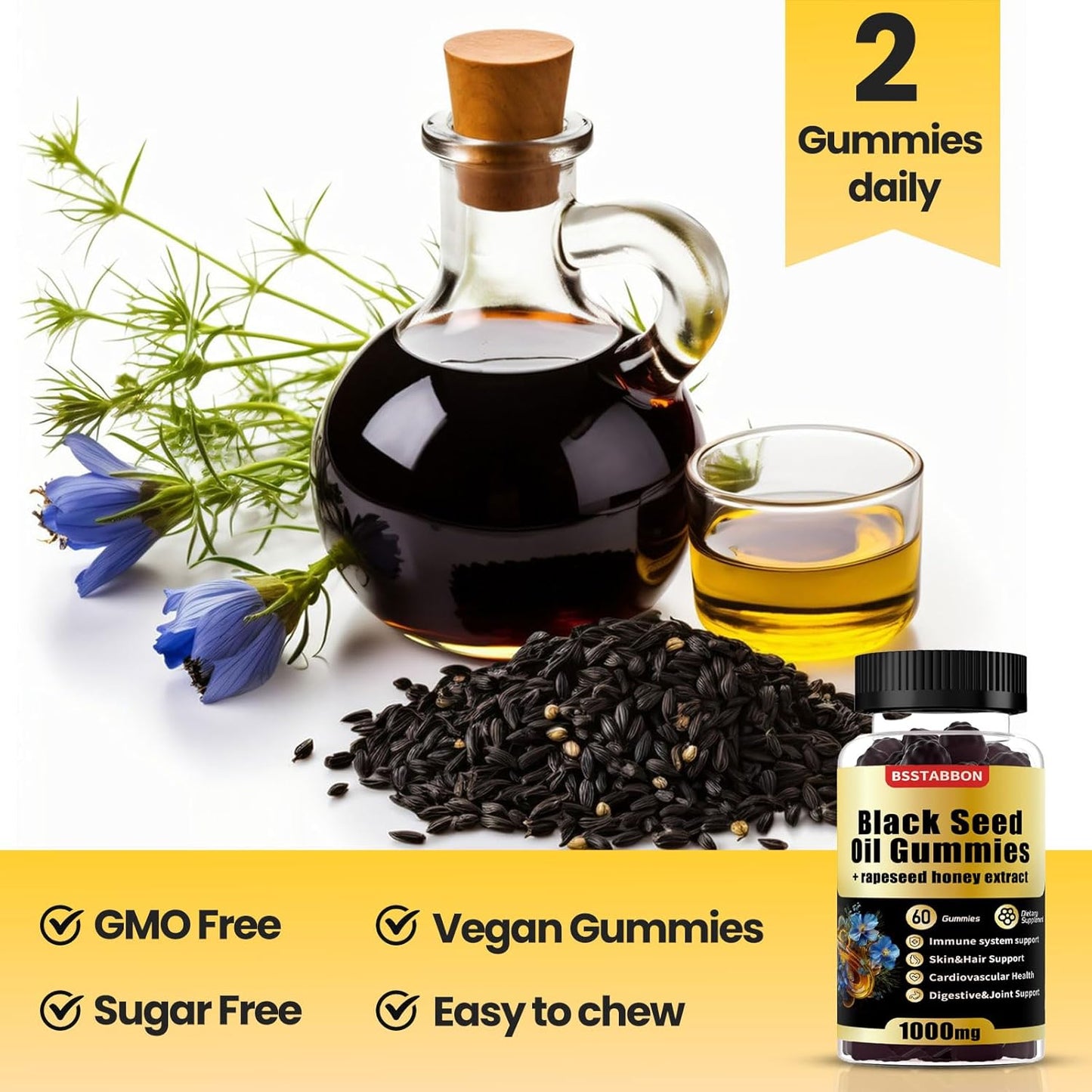 Organic Black Seed Oil Gummies with Rapeseed Honey Extract and Vitamins - Immune System Support - 60 Count