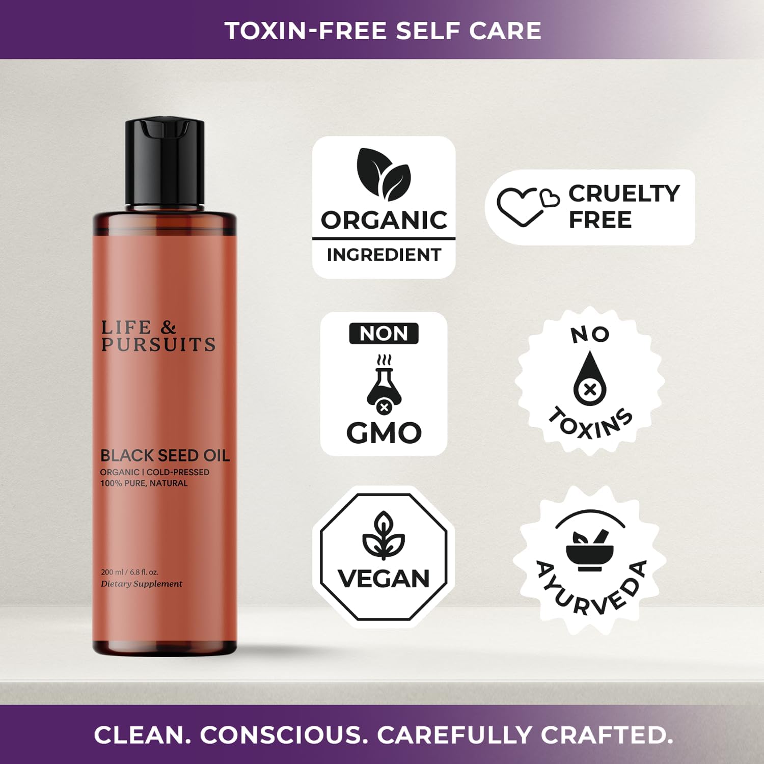 Organic Black Seed Oil (Kalonji) - 100% Pure & Natural Cold Pressed | Rich in Thymoquinone & Omega Fatty Acids | Antioxidant for Immune Support, Hair & Skin | 6.8 Fl Oz