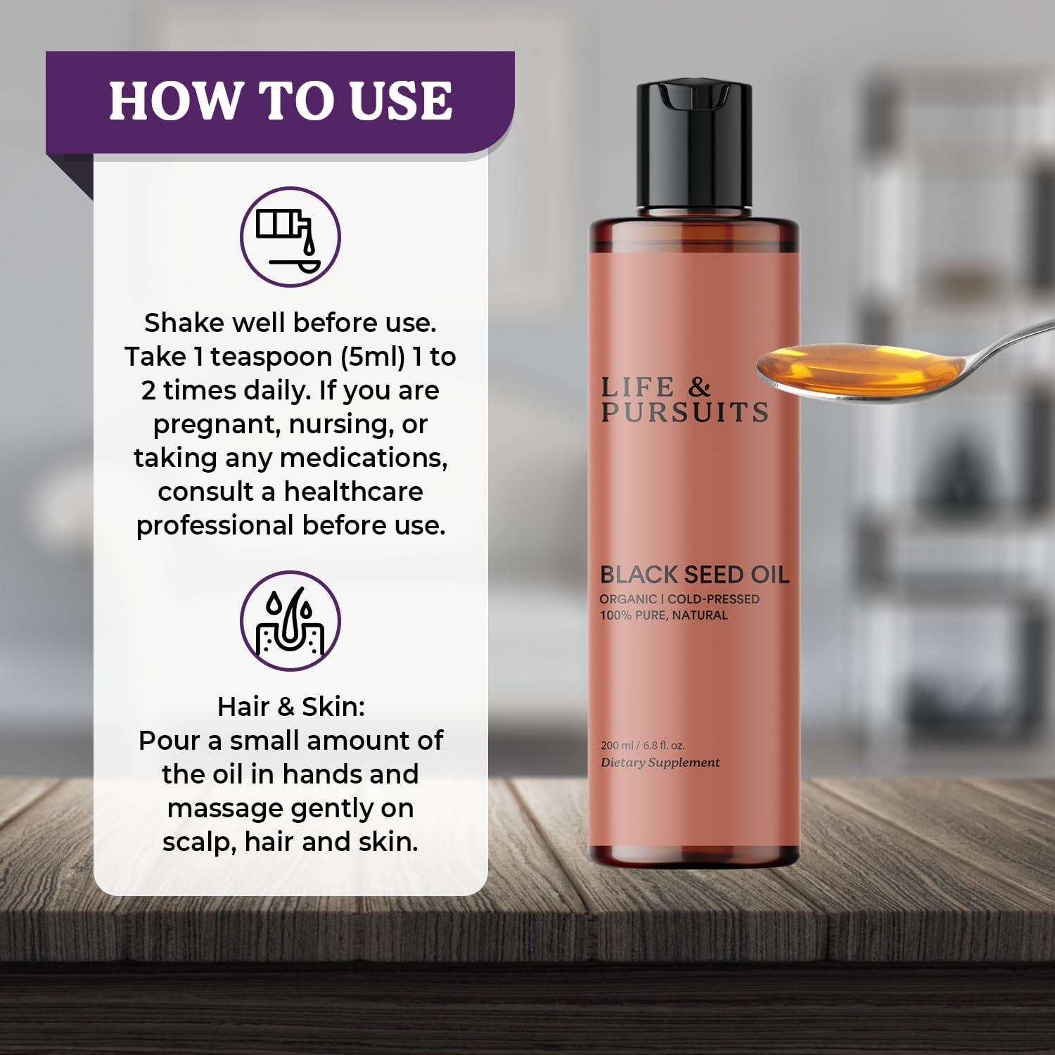 Organic Black Seed Oil (Kalonji) - 100% Pure & Natural Cold Pressed | Rich in Thymoquinone & Omega Fatty Acids | Antioxidant for Immune Support, Hair & Skin | 6.8 Fl Oz