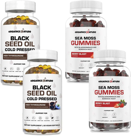 Organic Black Seed Oil & Sea Moss Gummies Bundle - Vegan Softgels for Hair, Skin, Heart, Joint Support, Energy - Omega 3s - 4 Bottles